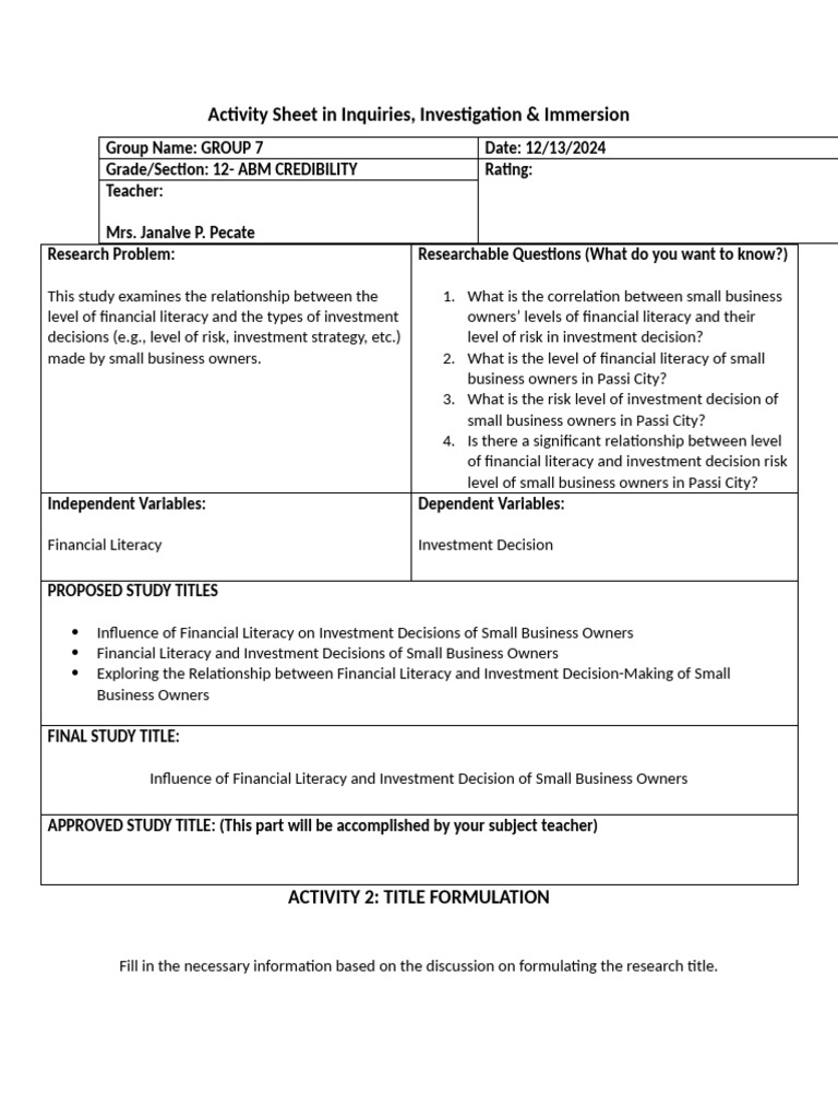 Activity 2 Title Formulation | PDF