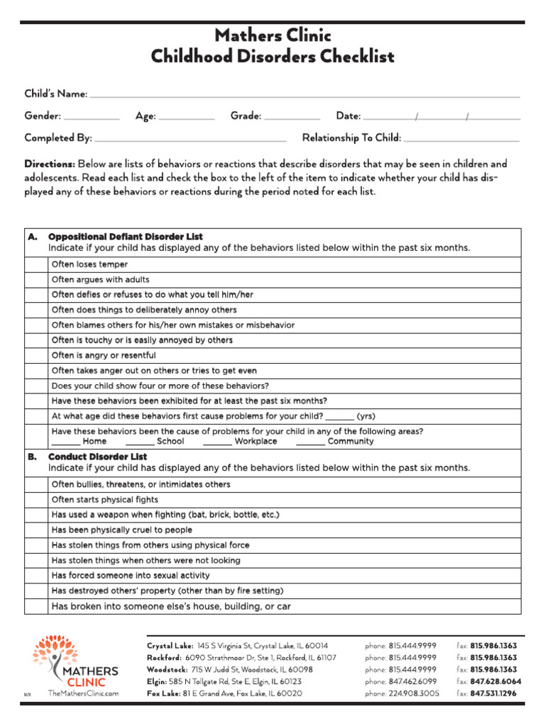 Child Behavior Disorder Checklist | PDF | Anxiety | Obsessive ...