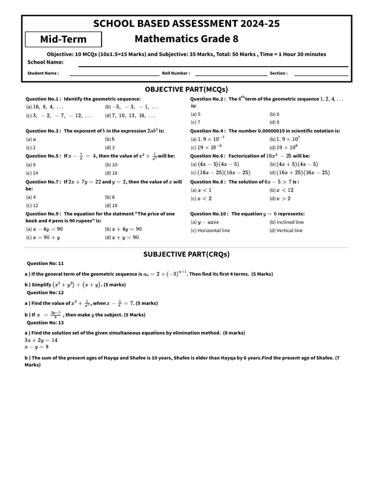 Grade 8 Mathematics Assessment MCQs & CRQs | PDF | Mathematics ...