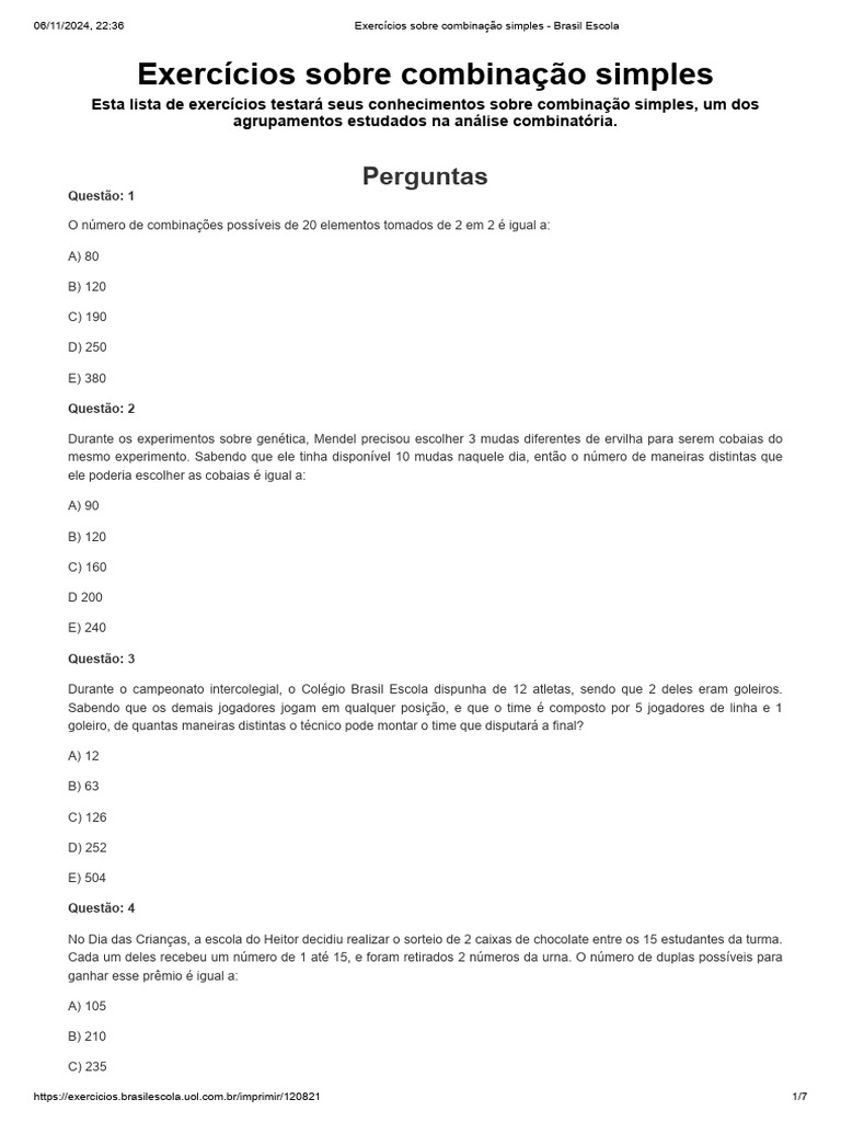 Exercícios de Combinação Simples | PDF | Cor