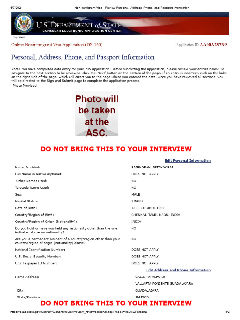 DS 160 Documents Prithivi | PDF | Travel Visa | Zip Code