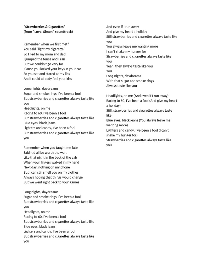 Strawberries & Cigarettes Lyrics