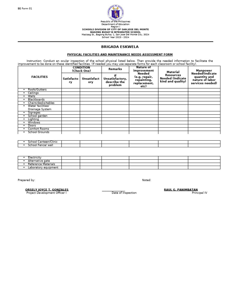 BE Form 1 PHYSICAL FACILITIES AND MAINTENANCE NEEDS ASSESSMENT FORM | PDF