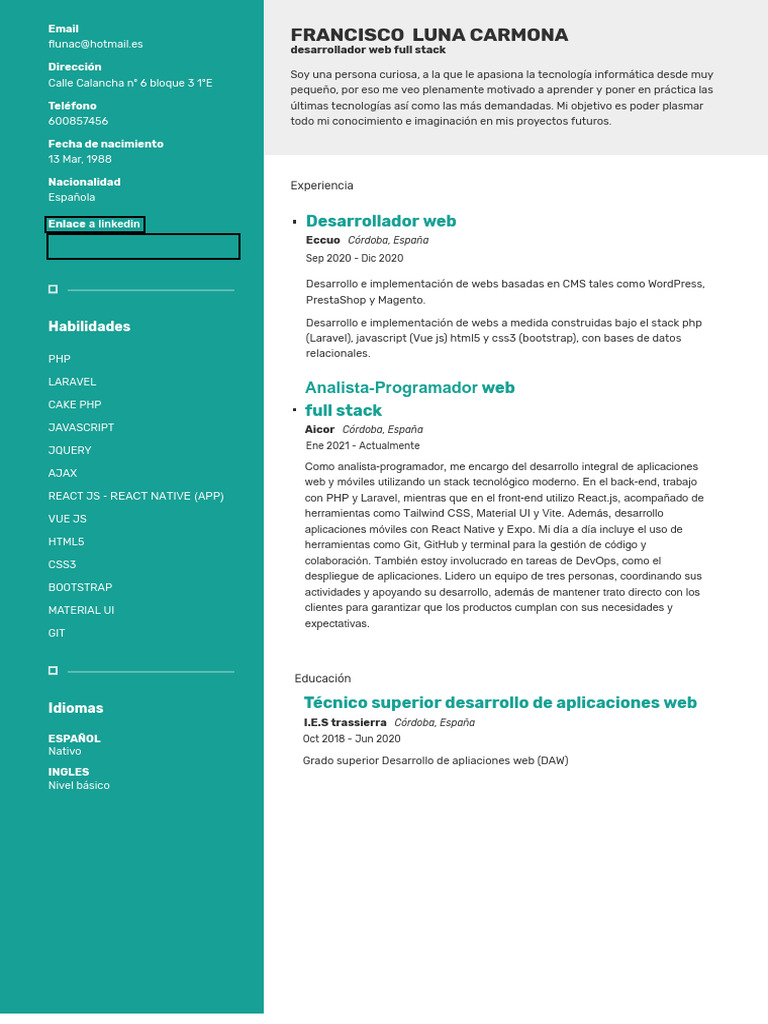 CV_Fran_Luna (1) | PDF | Bootstrap (marco frontal) | Software de la ...