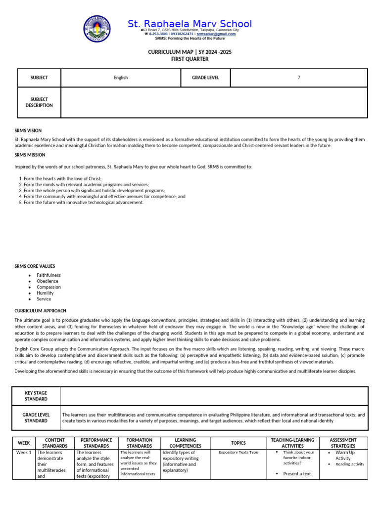 SRMS Grade 7 English Curriculum Map 2024 | PDF | Curriculum | Reading ...