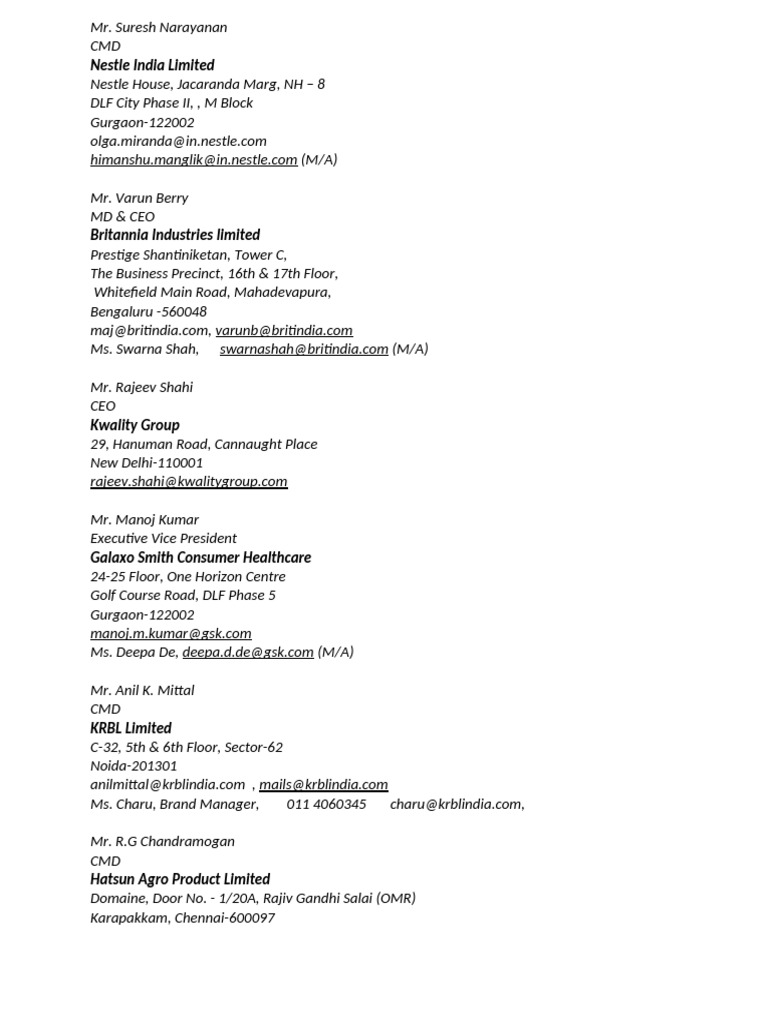 Food Industry Leadership Contacts | PDF