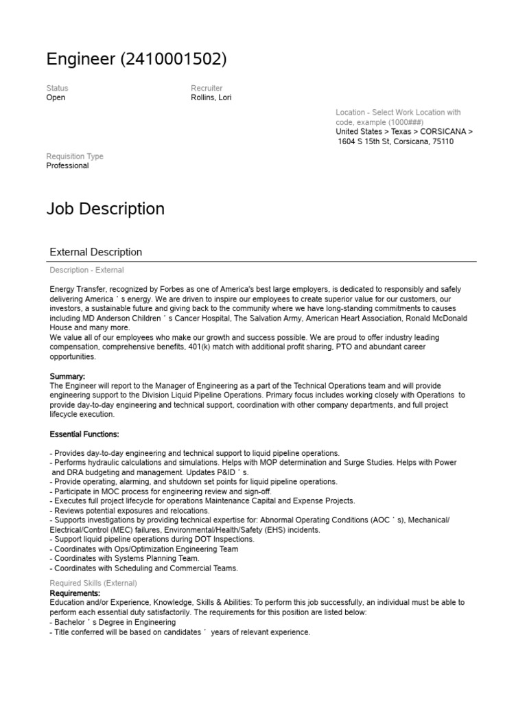 Engineer Position at Energy Transfer | PDF | Disability | Occupational ...