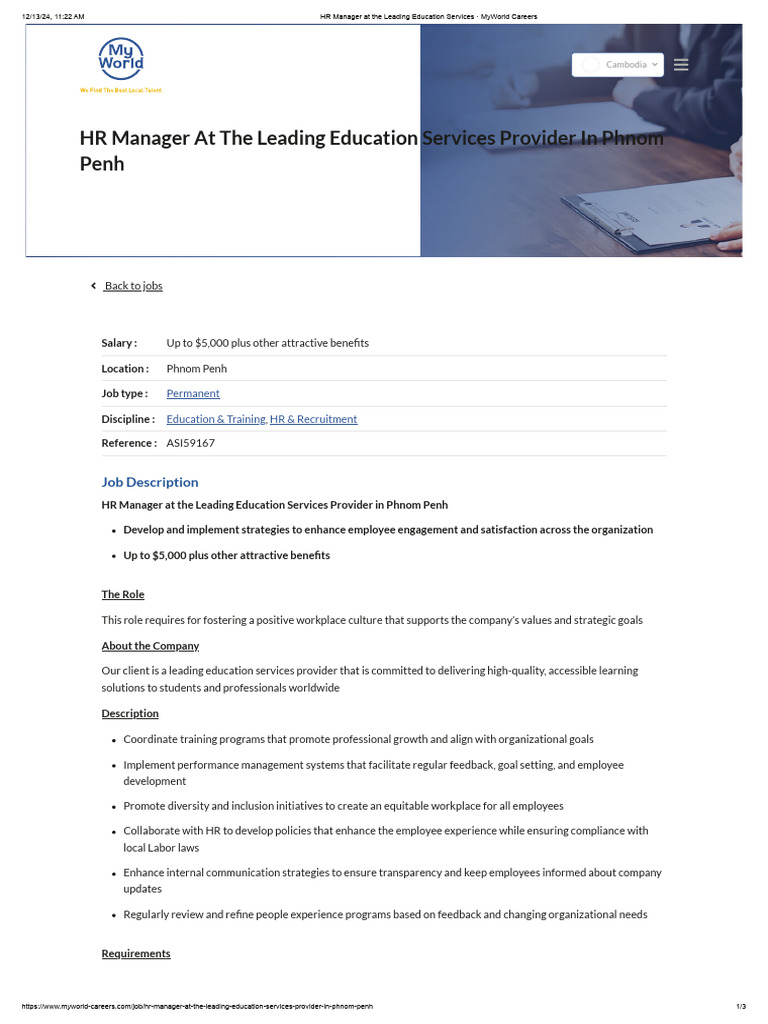 HR Manager Job in Phnom Penh Education | PDF | Human Resources | Employment
