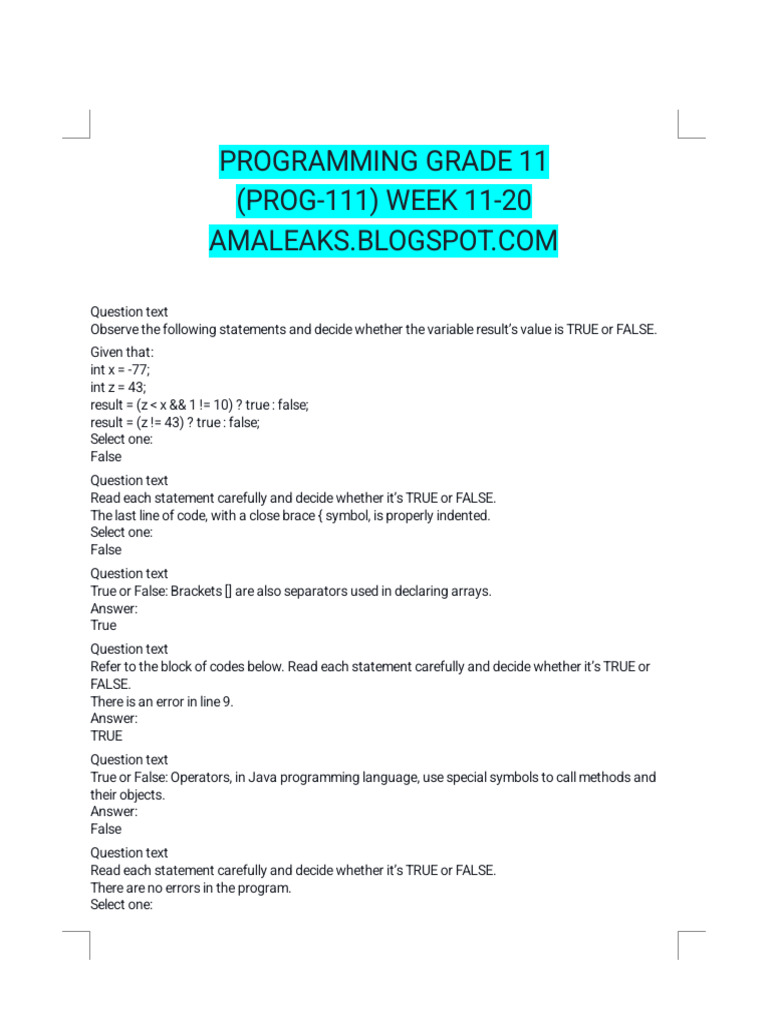 Java Programming Grade 11 Quiz | PDF | Class (Computer Programming ...