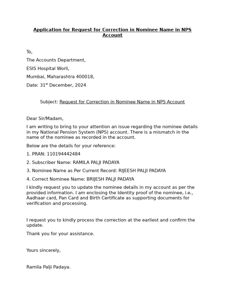 NPS Nominee Name Correction Request | PDF