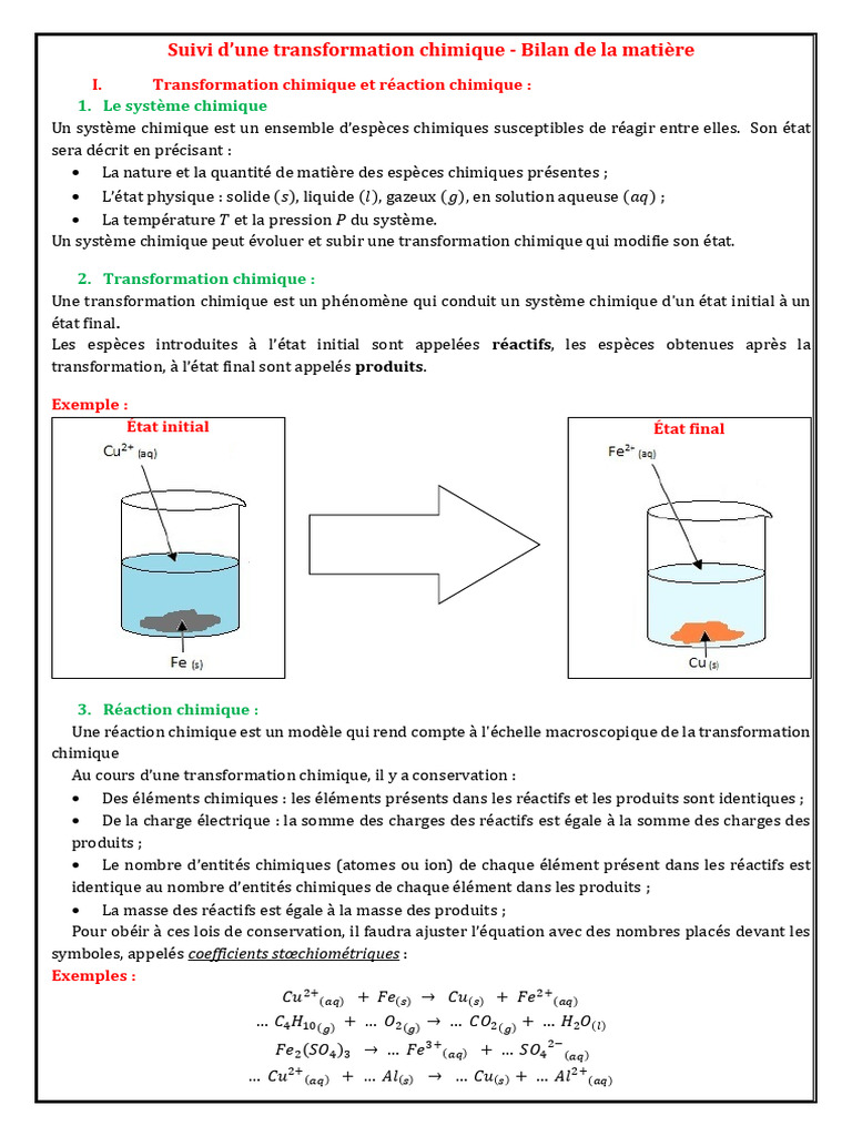 Bilan de matière en transformation chimique | PDF | Stœchiométrie | Chimie