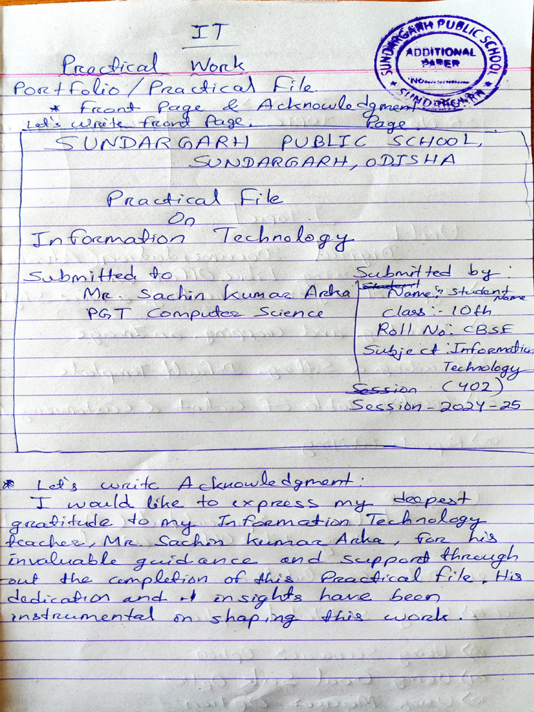 Class 10 Practical File, Front Page, Acknowledgement, Index and Topics ...