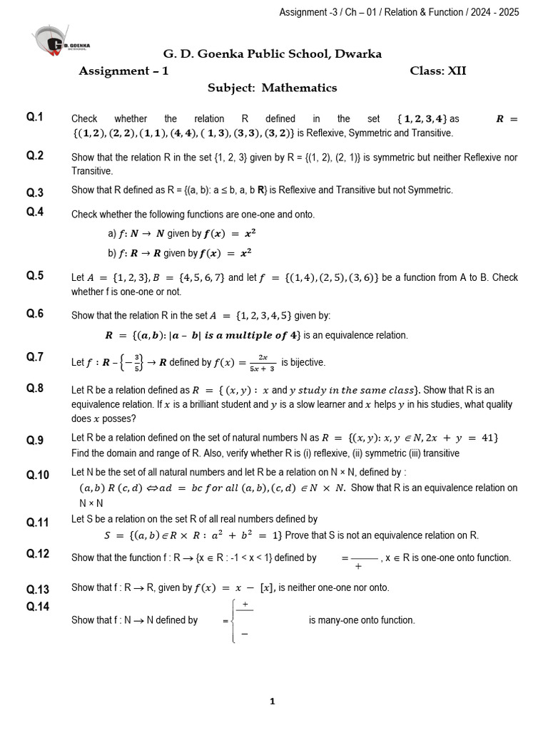 Mathematics Relations and Functions Assignment | PDF | Mathematical ...