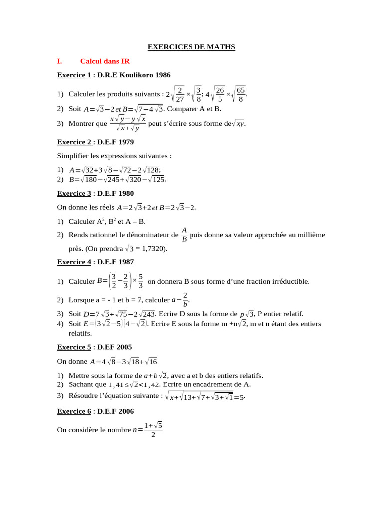 Exercices de Mathématiques PDF | PDF | Concepts mathématiques | Algèbre ...