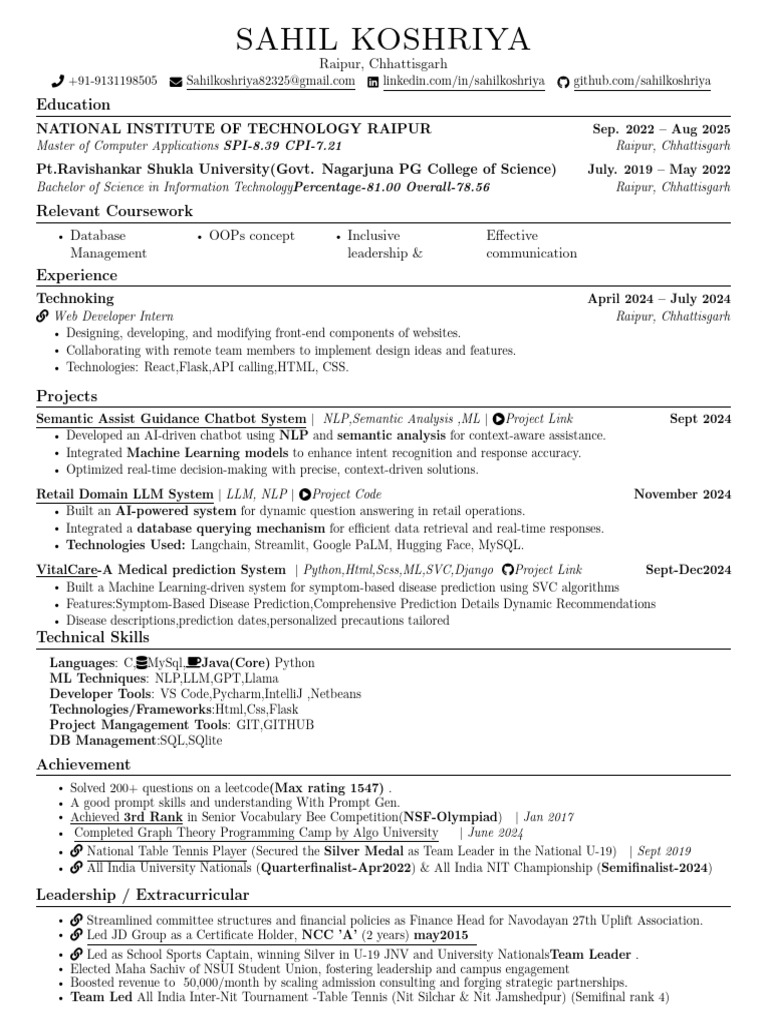 Sahil Koshriya Prompt Engineer Web Dev Interned RESUME | PDF | Web ...