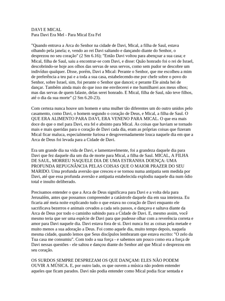 Davi e Mical: Amor e Desprezo na Bíblia | PDF | Davi | Saul