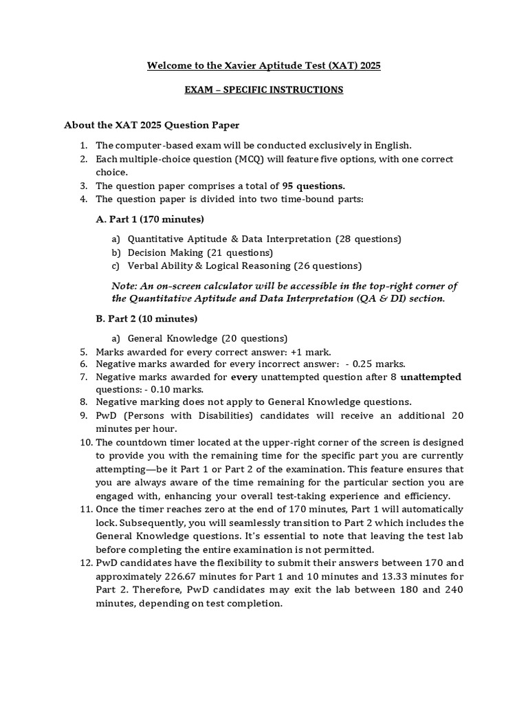 XAT 2025 Exam Instructions and Guidelines | PDF | Multiple Choice