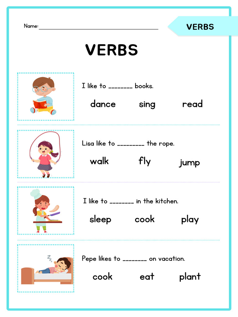 Turquoise and White Illustrative Verbs English Grammar Worksheet | PDF