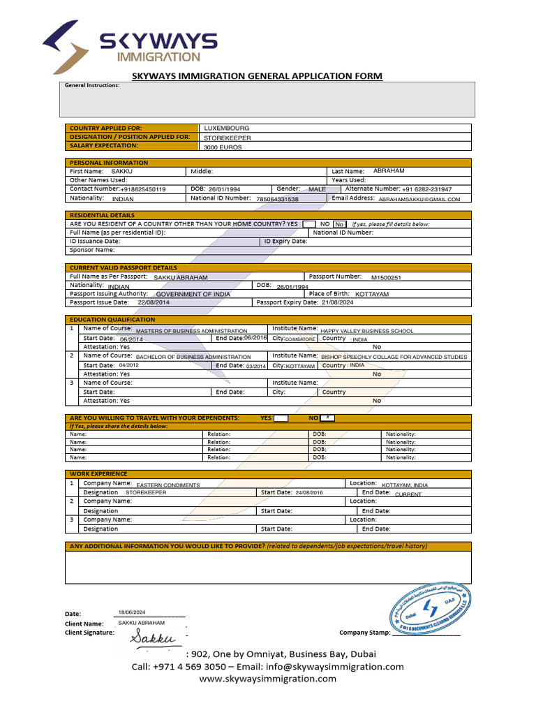 Skyways Immigration Application Form | PDF | Government And Personhood