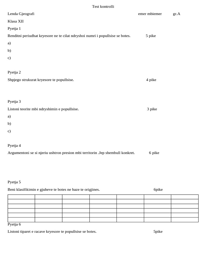 Test Kontrolli KLASA XII GJEOGRAFI Grupi A | PDF