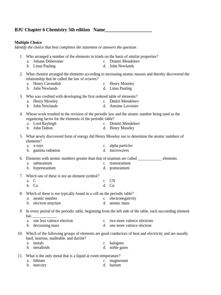 BJU+Chapter+6+Chemistry+5th+Edition+++TEST+Only | PDF | Periodic Table ...