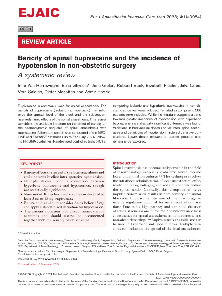 Baricity of Spinal Bupivacaine and The Incidence.1 | PDF | Anesthesia ...