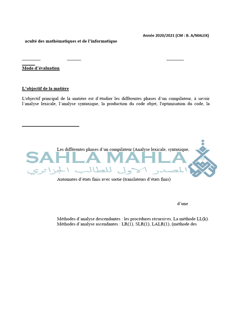 Compilation des Langages de Programmation | PDF | Compilateur | Analyse ...