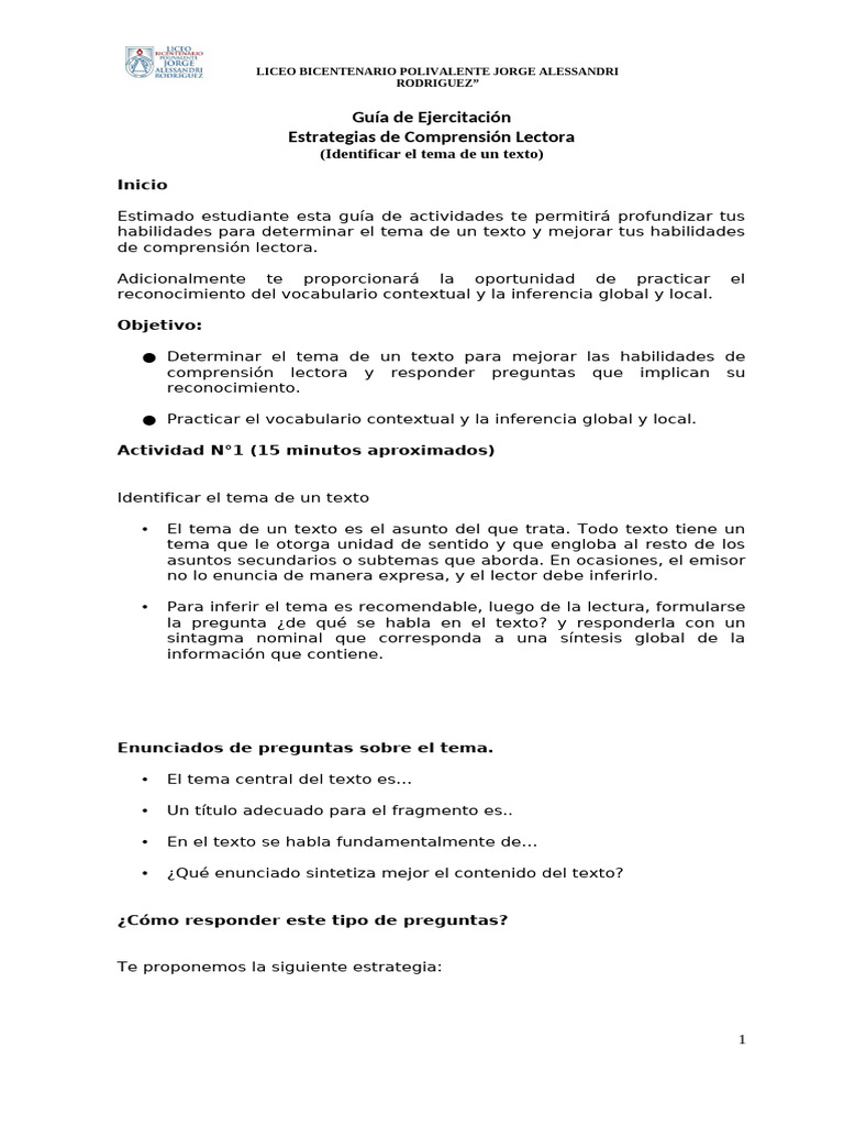 Leg 4°EM TPSU Identificar El Tema de Un Texto G3 | PDF | Comprensión ...
