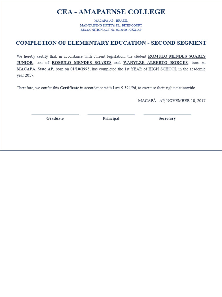 High School Completion Certificate - Brazil | PDF