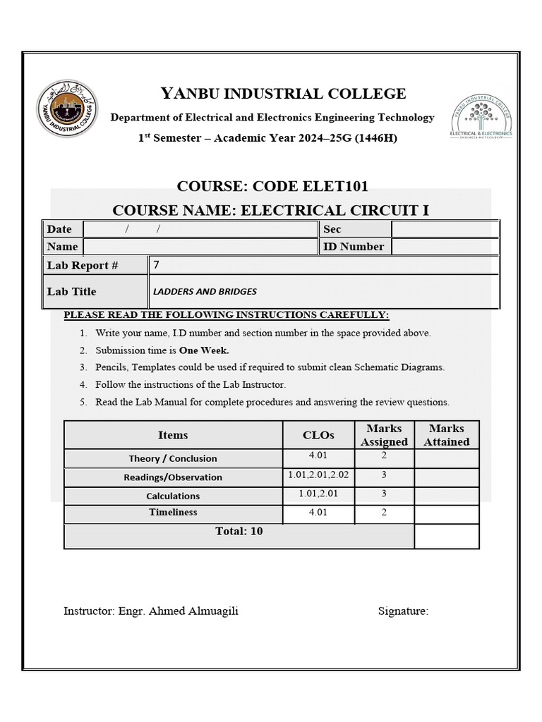 ELET 101 Lab Report 7 PDF | PDF | Computer Engineering | Electronic ...