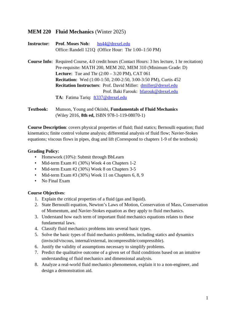 MEM 220 Fluid Mechanics Course Guide | PDF | Fluid Mechanics | Navier ...