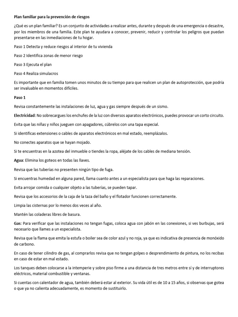 Plan Familiar para Emergencias y Riesgos | PDF | Defensa Civil | Agua