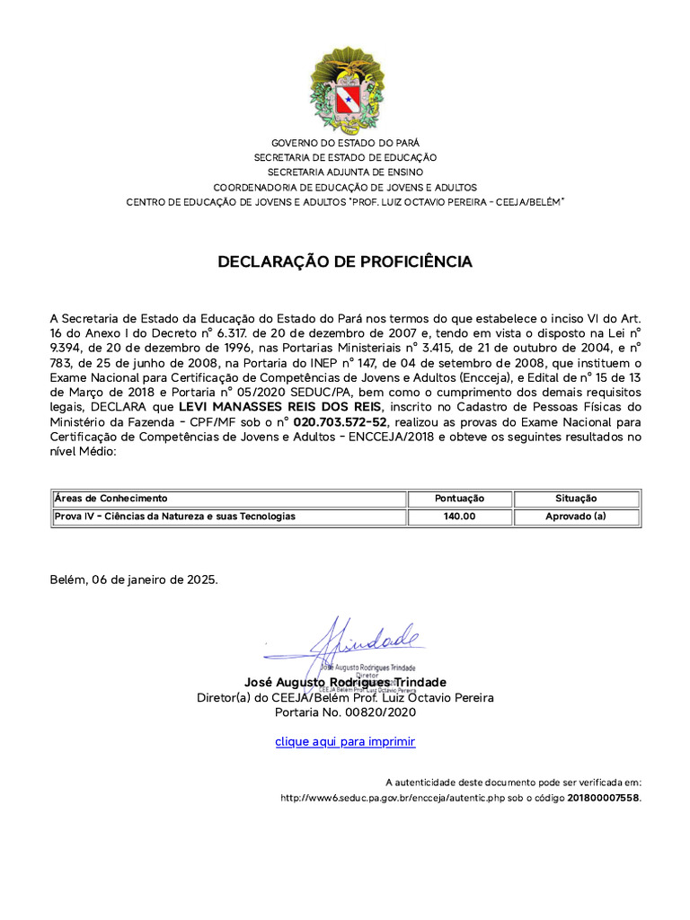 Declaração de Proficiência ENCCEJA 2025 | PDF