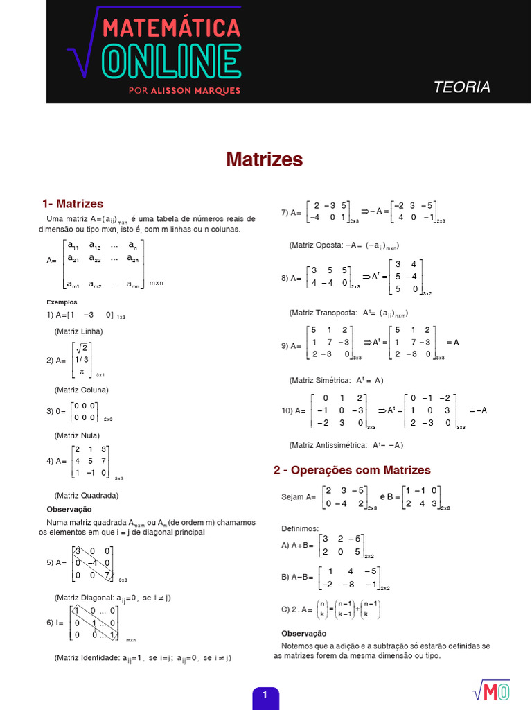 Tipos e Operações com Matrizes | PDF | Matriz (Matemática) | Multiplicação