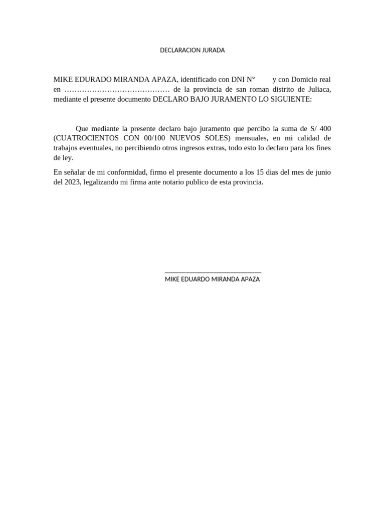 Declaración Jurada de Ingresos Mensuales | PDF