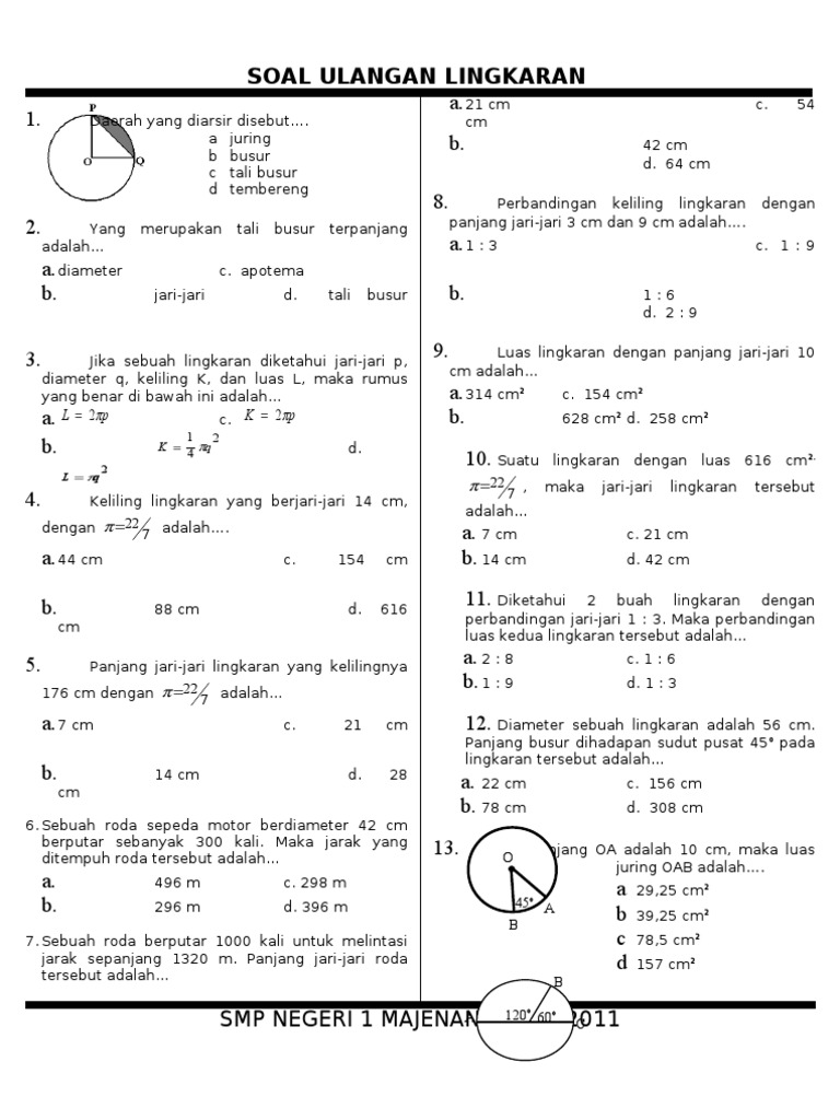 Soal Ulangan Lingkaran Kelas VIII SMP