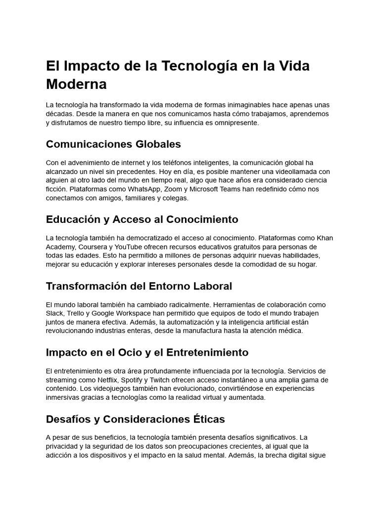 El Impacto de la Tecnología en la Vida Moderna | PDF | Videotelefonía ...