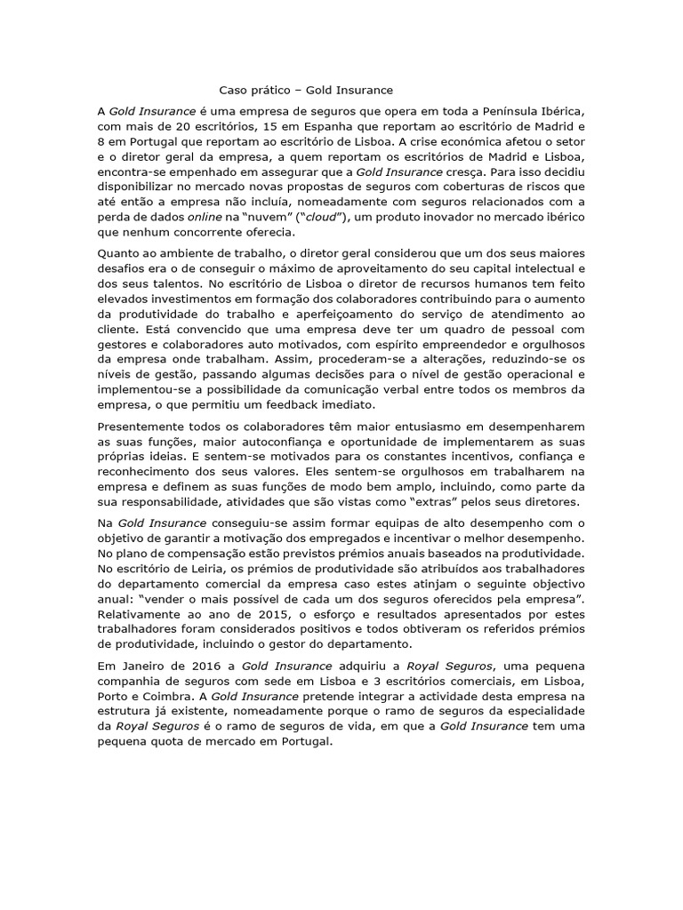 Gold Insurance: Inovação e Motivação Empresarial | PDF | Gestão de ...