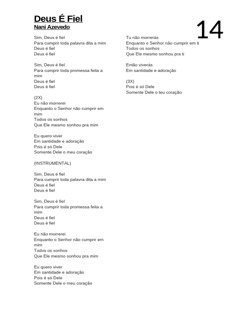 Deus É Fiel: Letra da Música de Nani Azevedo | PDF