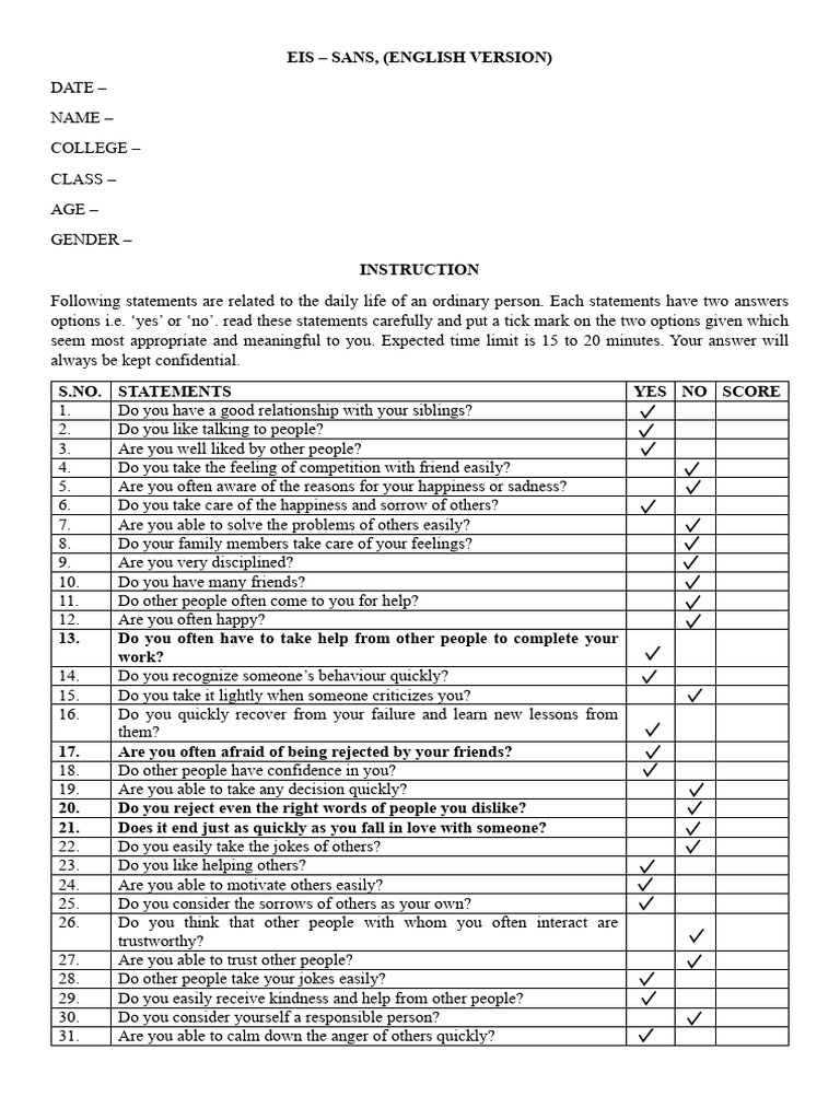 EIS-SANS Questionnaire Overview | PDF