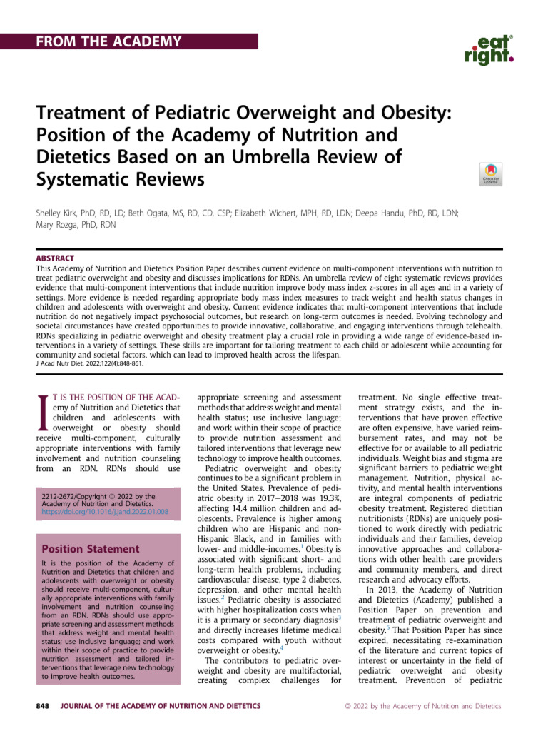 Treatment of Pediatric Overweight and Obesity Position of The Academy ...