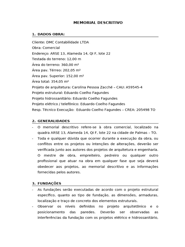 Memorial Descritivo de Obra Comercial | PDF | Argamassa (alvenaria) | Viga