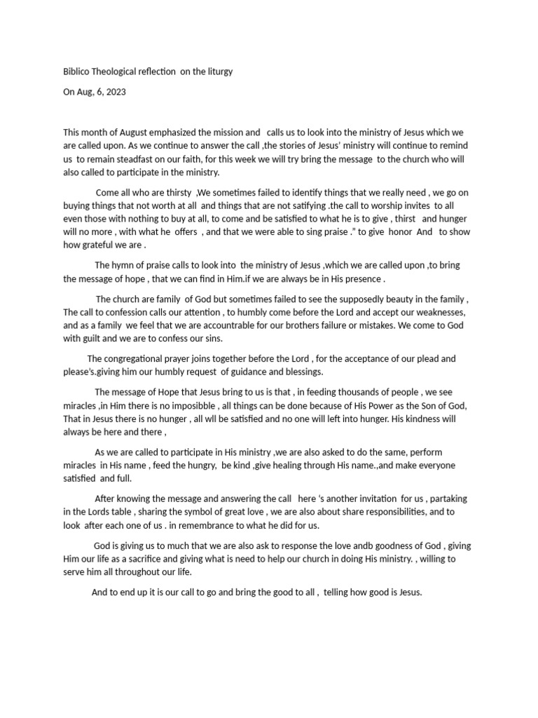 Liturgy and Jesus' Ministry Reflection | PDF | Ministry Of Jesus | Jesus