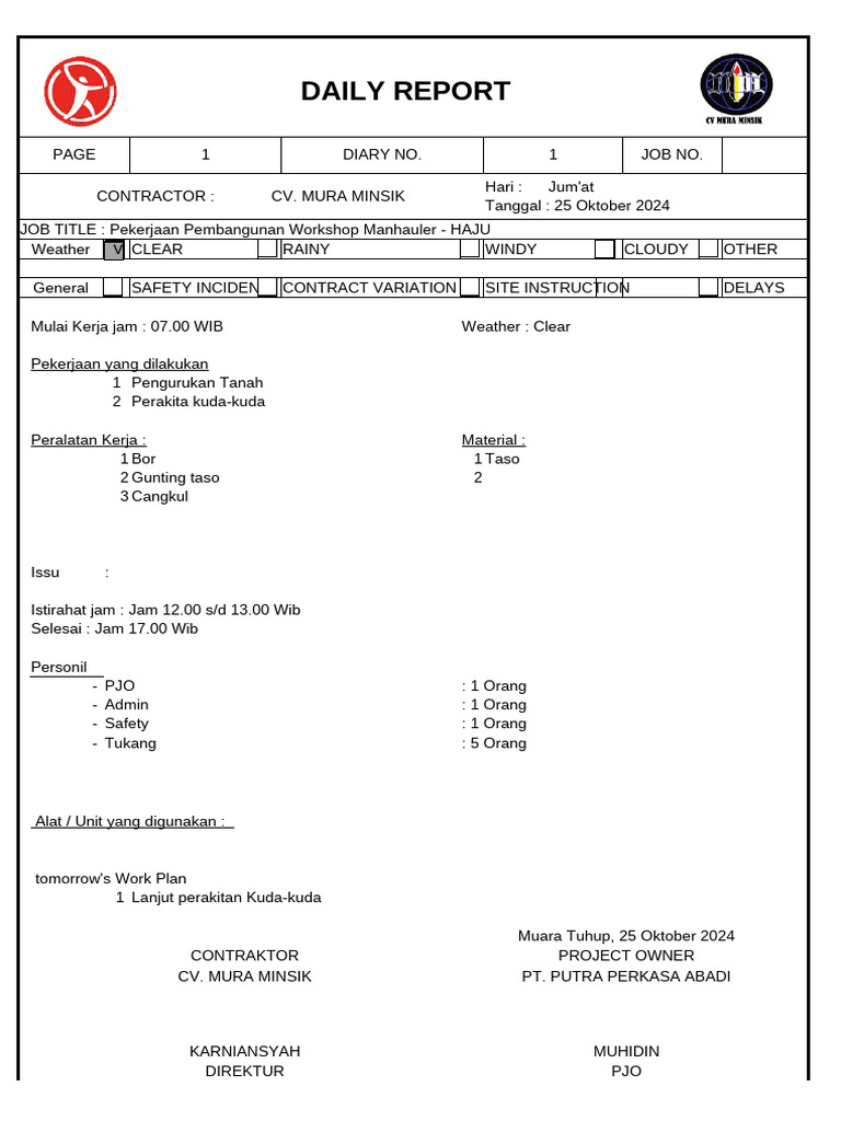 Dayly Report Workshop Manhoul | PDF