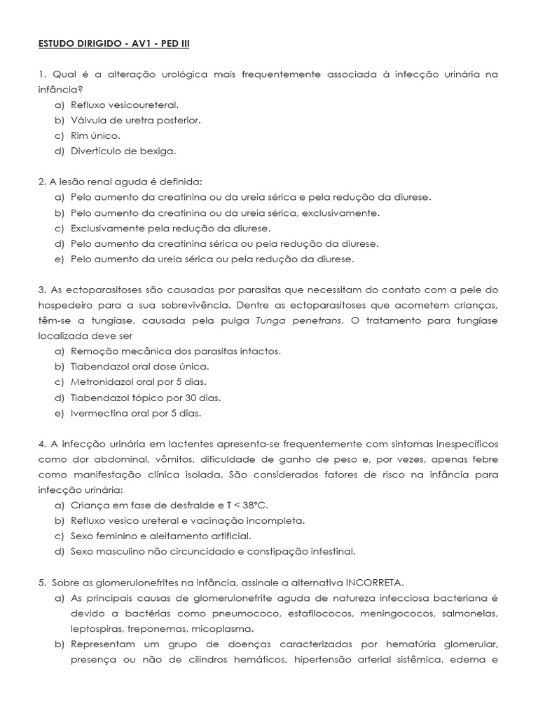 Estudo Dirigido - Av1 - Ped Iii | PDF | Anemia | Infecção do trato urinário