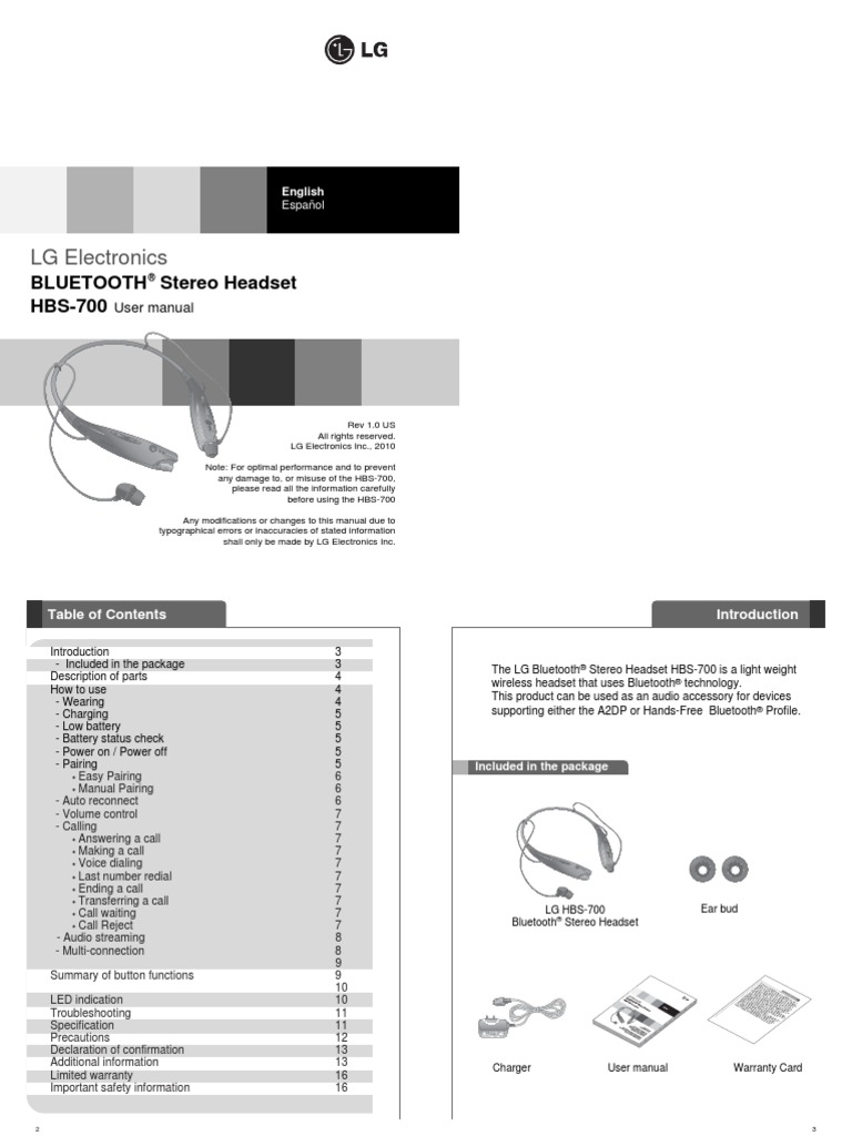 LG Tone HBS-700 Bluetooth Headset Manual | Bluetooth | Transmitter