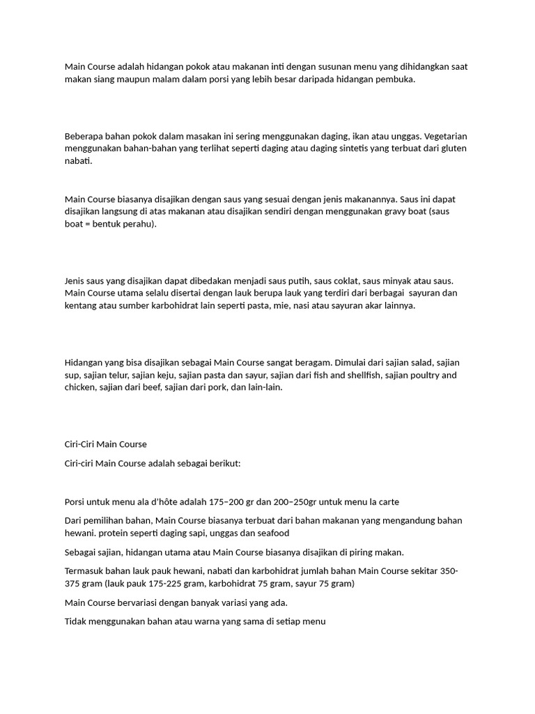 Main Course Adalah Hidangan Pokok Atau Makanan Inti Dengan Susunan Menu