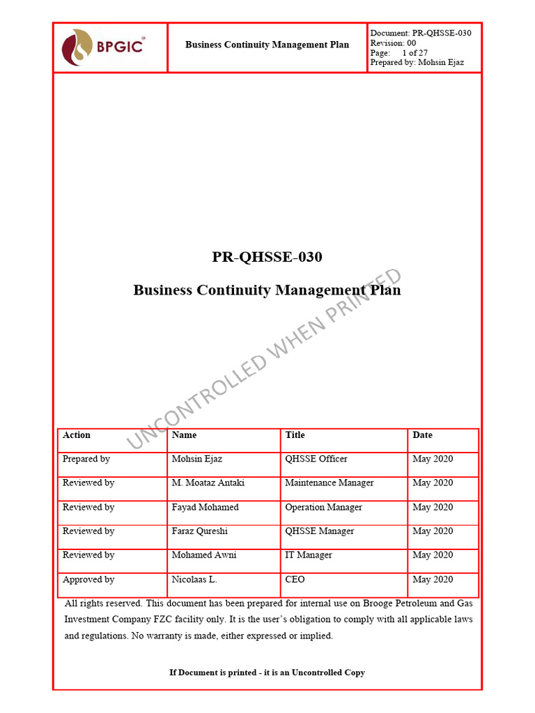 Business Continuity Management Plan | PDF | Disaster Recovery | Emergency