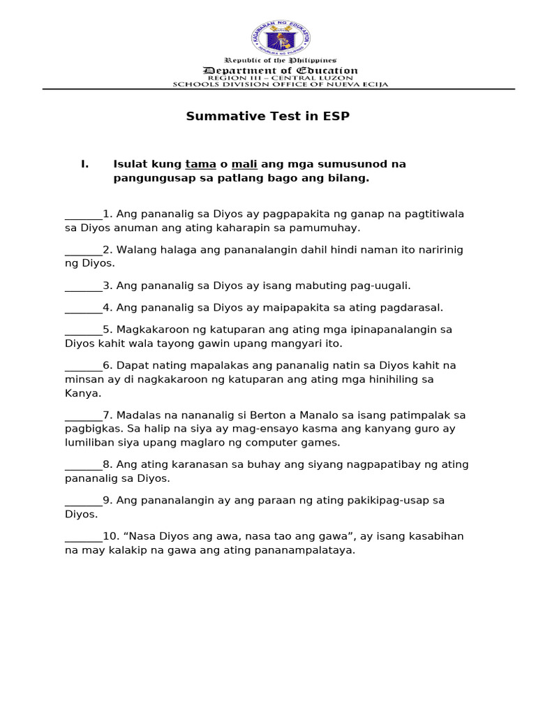 4th Summative Test in Esp | PDF