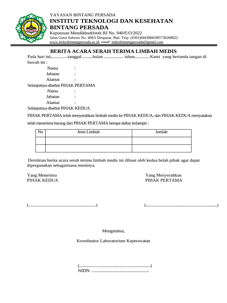 Berita Acara Serah Terima Limbah Medis | PDF